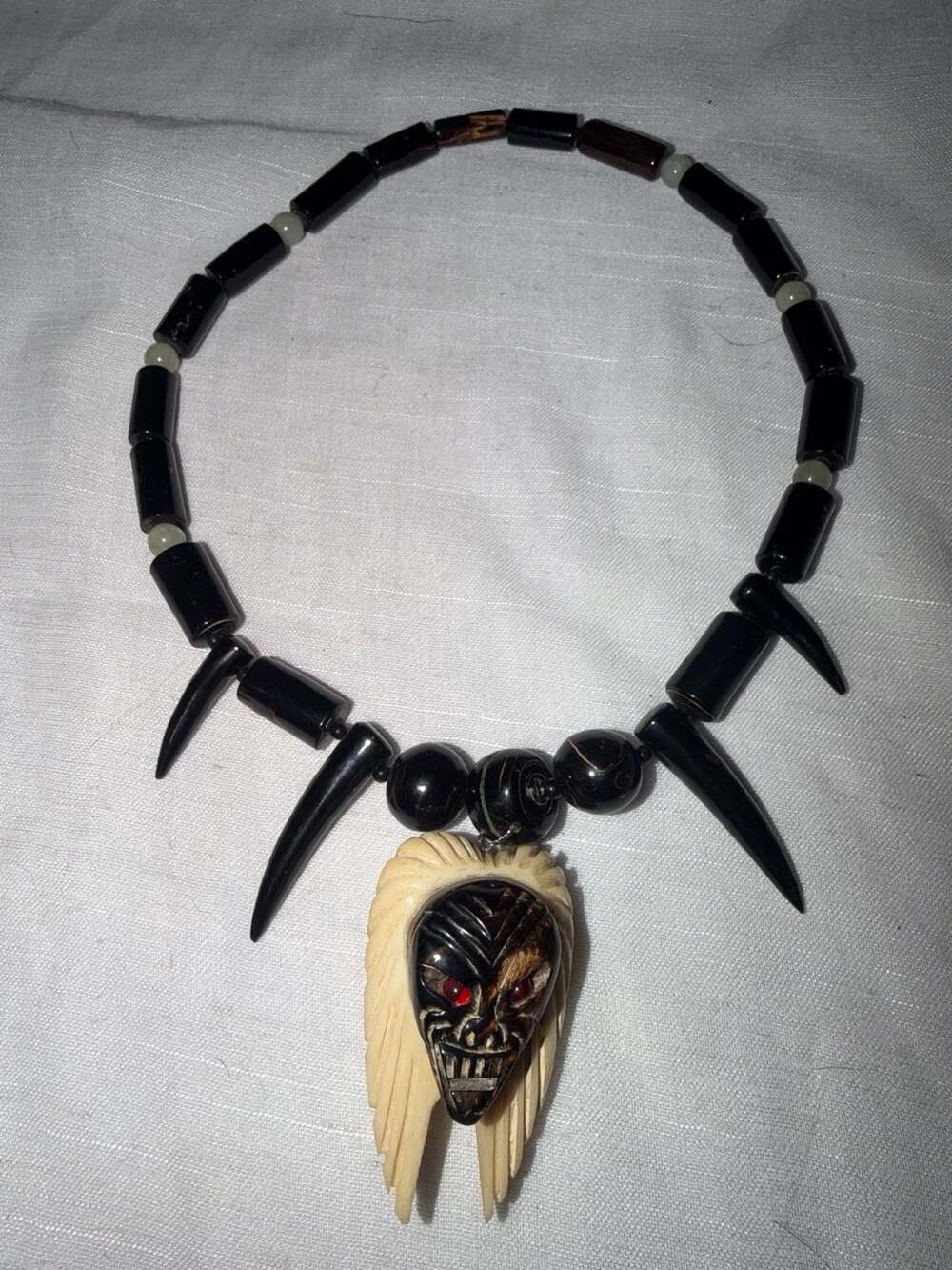 Vintage Tribal Tiki Mask Bone Tooth Bead Black Necklace